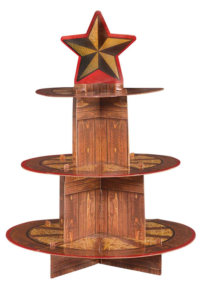 Three-tier wooden treat stand with rustic brown wood finish, red edges, and a large red star with a yellow and brown western