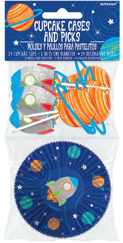 Blue cupcake cases decorated with rockets and planets, and matching cupcake picks with colorful space-themed toppers.