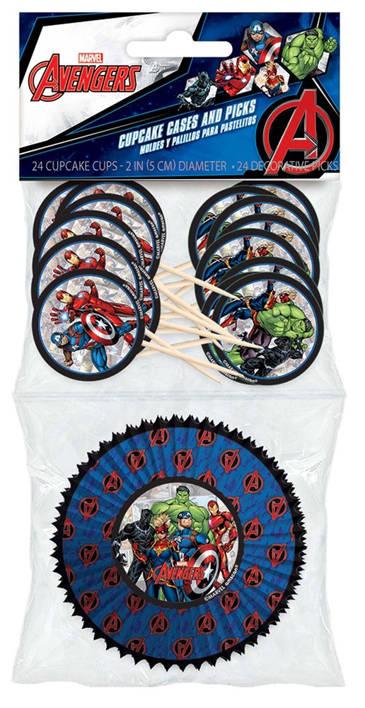 Marvel Avengers cupcake cases and character picks with colorful superhero designs in red, blue, and green, 48 pieces.