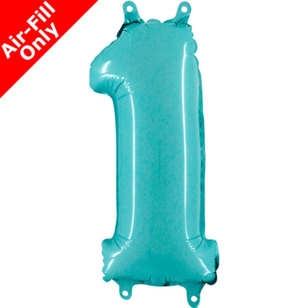 Pastel blue foil balloon shaped as number 1 with tabs for hanging, 14 inches tall.