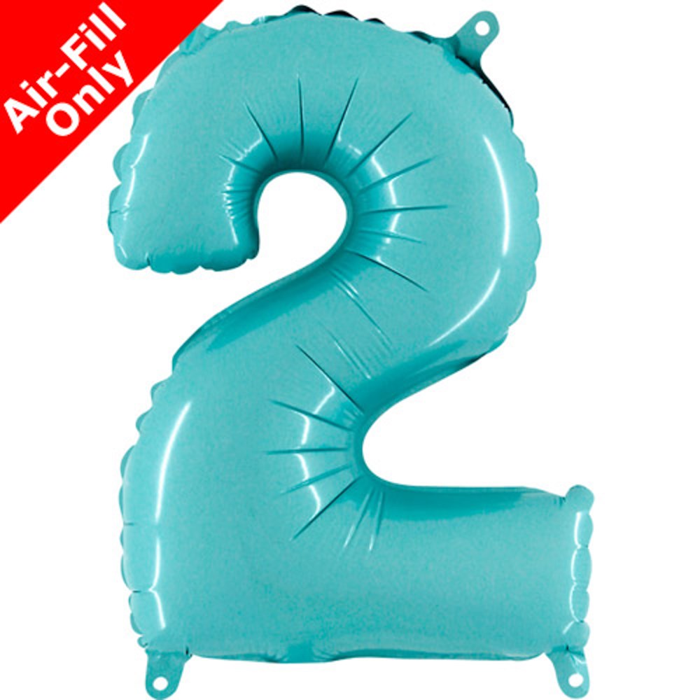 Pastel blue foil balloon shaped as number 2, 14 inches with glossy finish and inflation tabs.