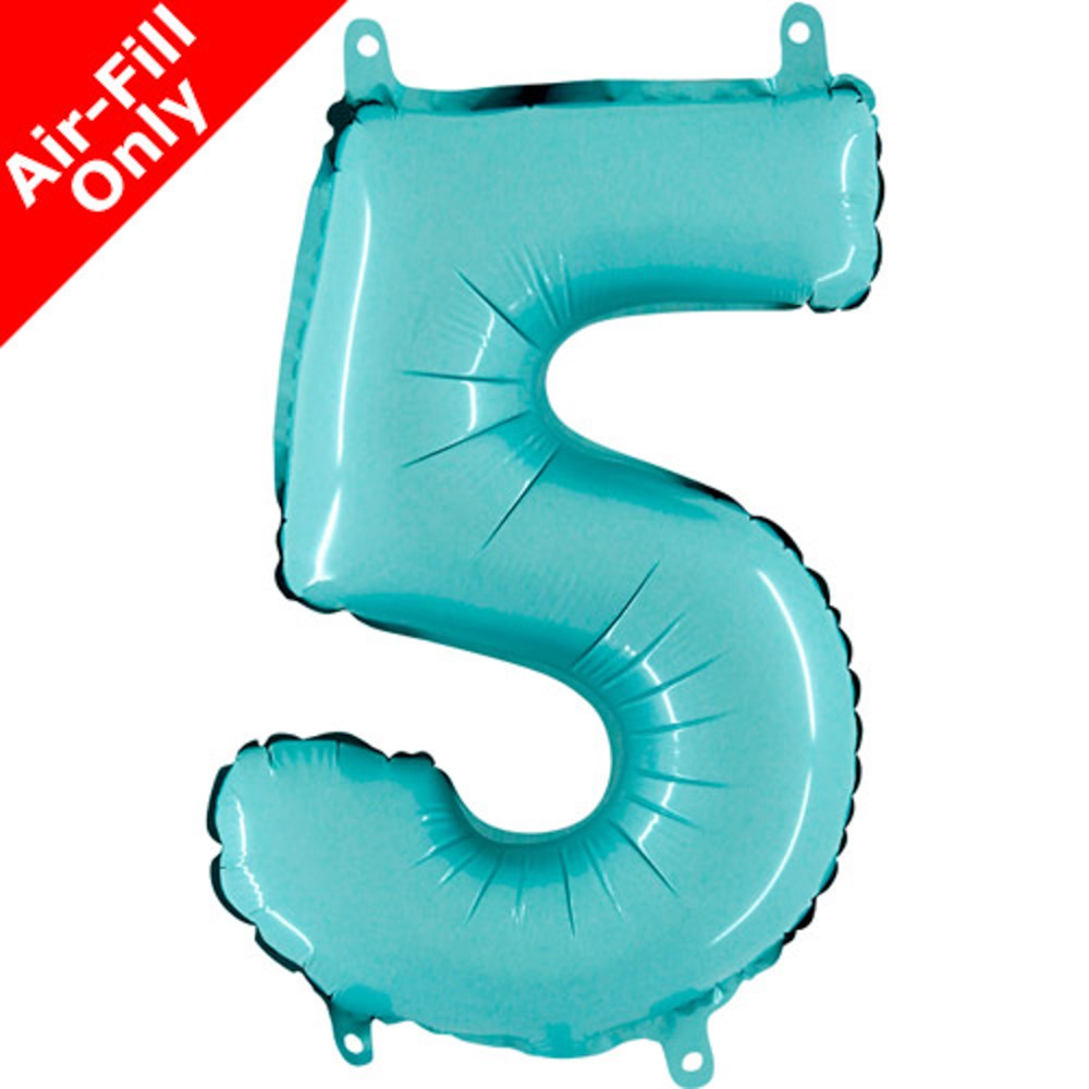 Pastel blue foil balloon shaped as the number 5 with a smooth metallic finish and two hanging tabs at the top.