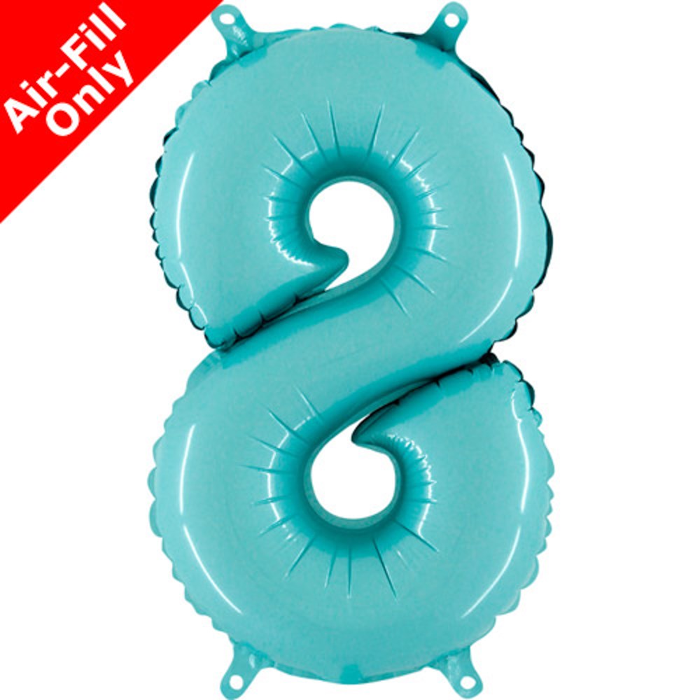 Pastel blue foil number 8 balloon with matte finish, 14 inches tall, air-fill tabs visible.