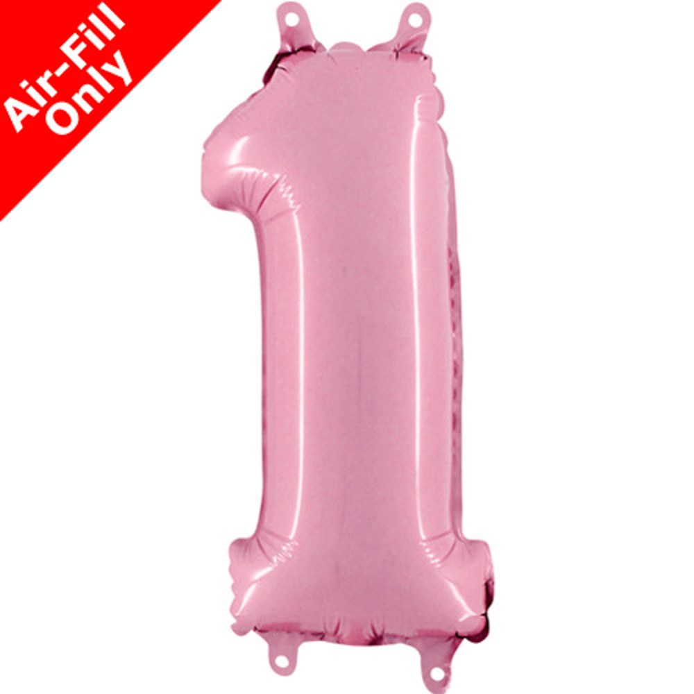 Pastel pink foil balloon shaped like number 1, 14 inches tall with hanging tabs.