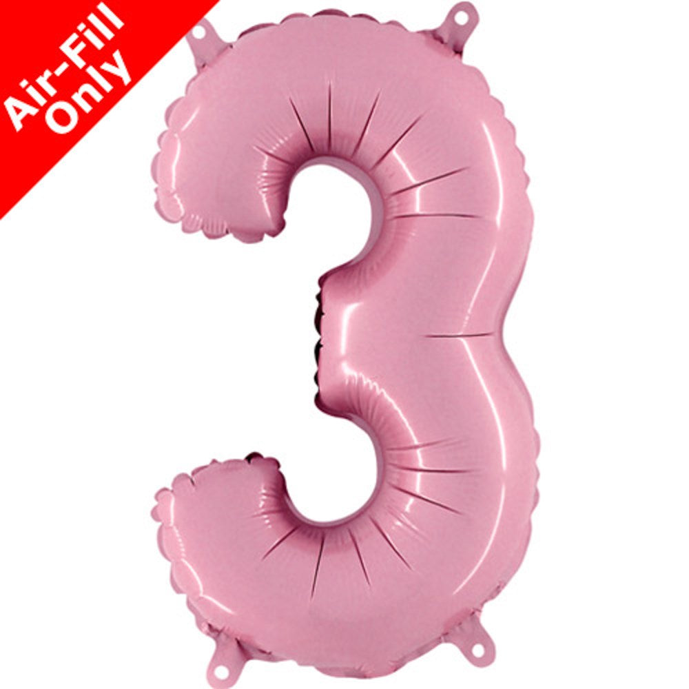 Pastel pink foil balloon shaped as the number 3 with a shiny finish and air-fill tabs.