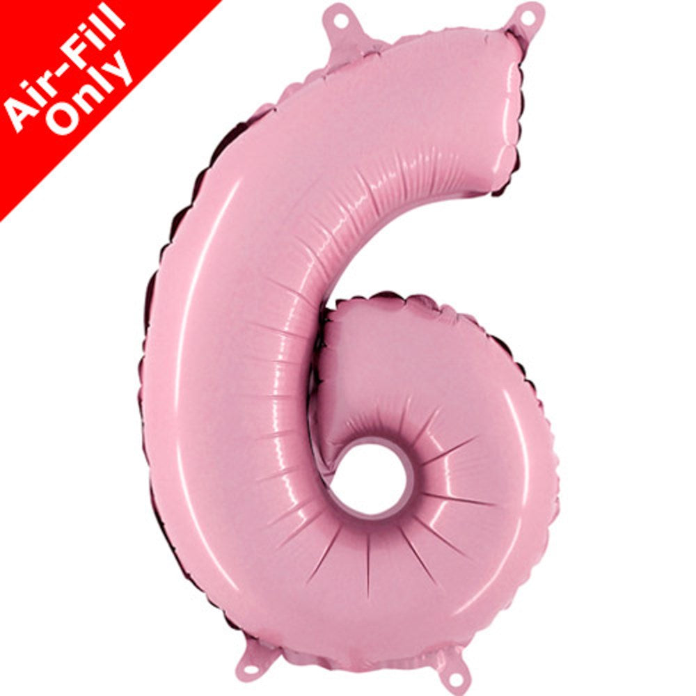 Pastel pink foil balloon shaped like the number 6, 14-inch size with two hanging tabs.
