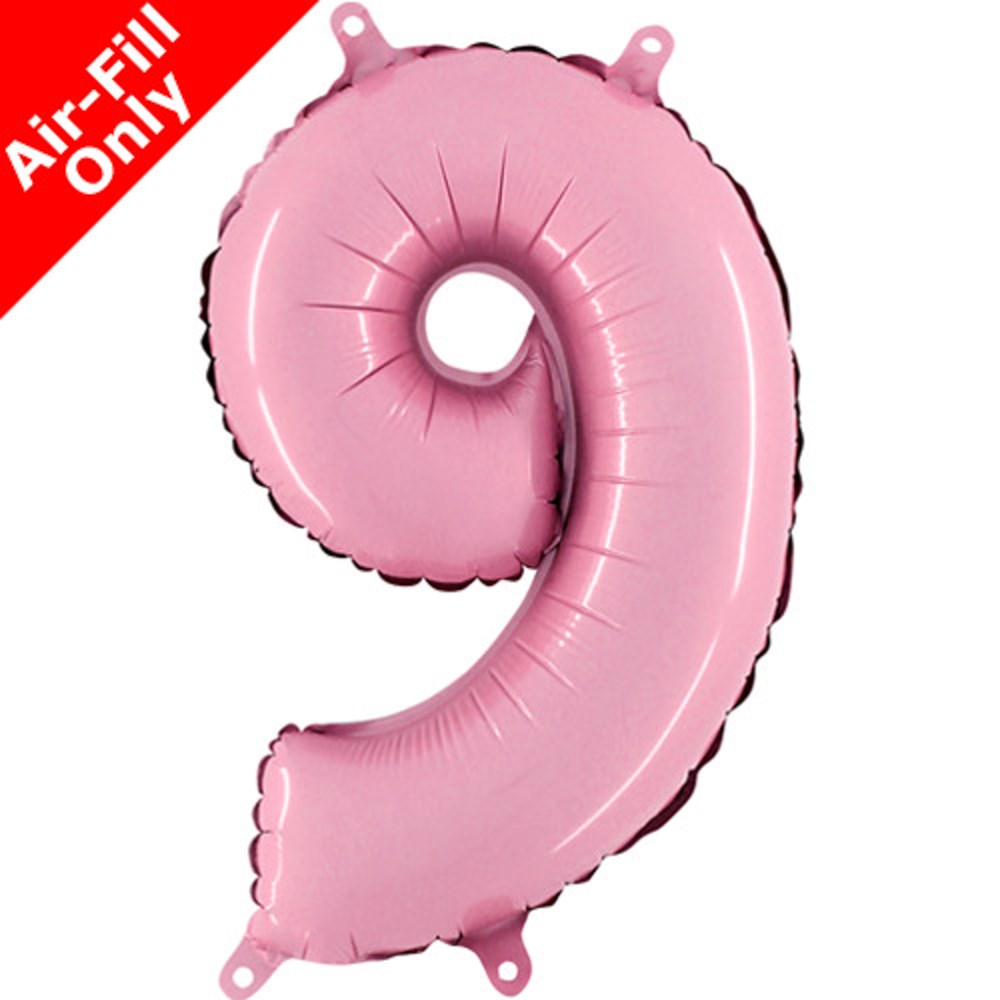 Pastel pink foil balloon shaped as the number 9 with shiny, smooth surface and hanging tabs.