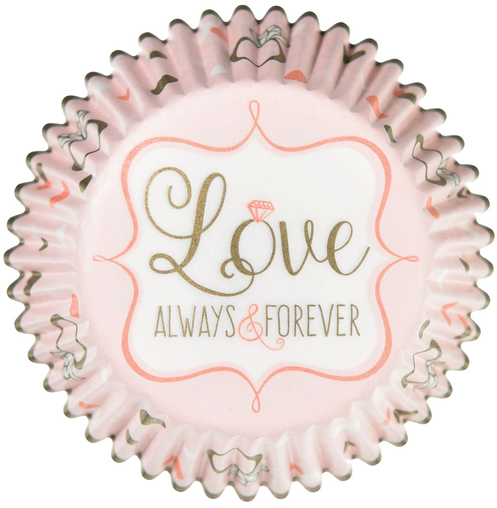 Pink ruffled baking cups with silver edges and "Love Always & Forever" in gold and pink script on white center.