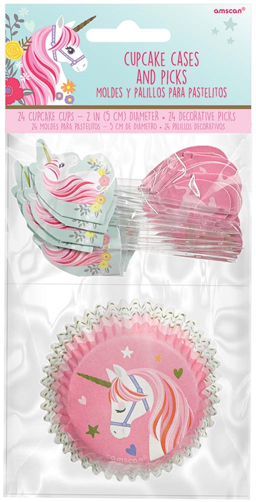 Colorful cupcake cases and pink picks featuring a white unicorn with rainbow mane and stars, 48 count pack.