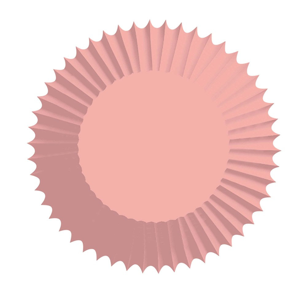 Pink paper cupcake liners with scalloped edges, 24-count set for party use.
