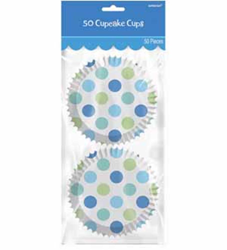 Pack of 50 paper cupcake liners with blue, green, and silver polka dots on white background.