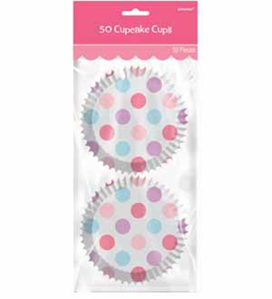 Pink and white cupcake cases with pastel pink and blue polka dots, pack of 50.