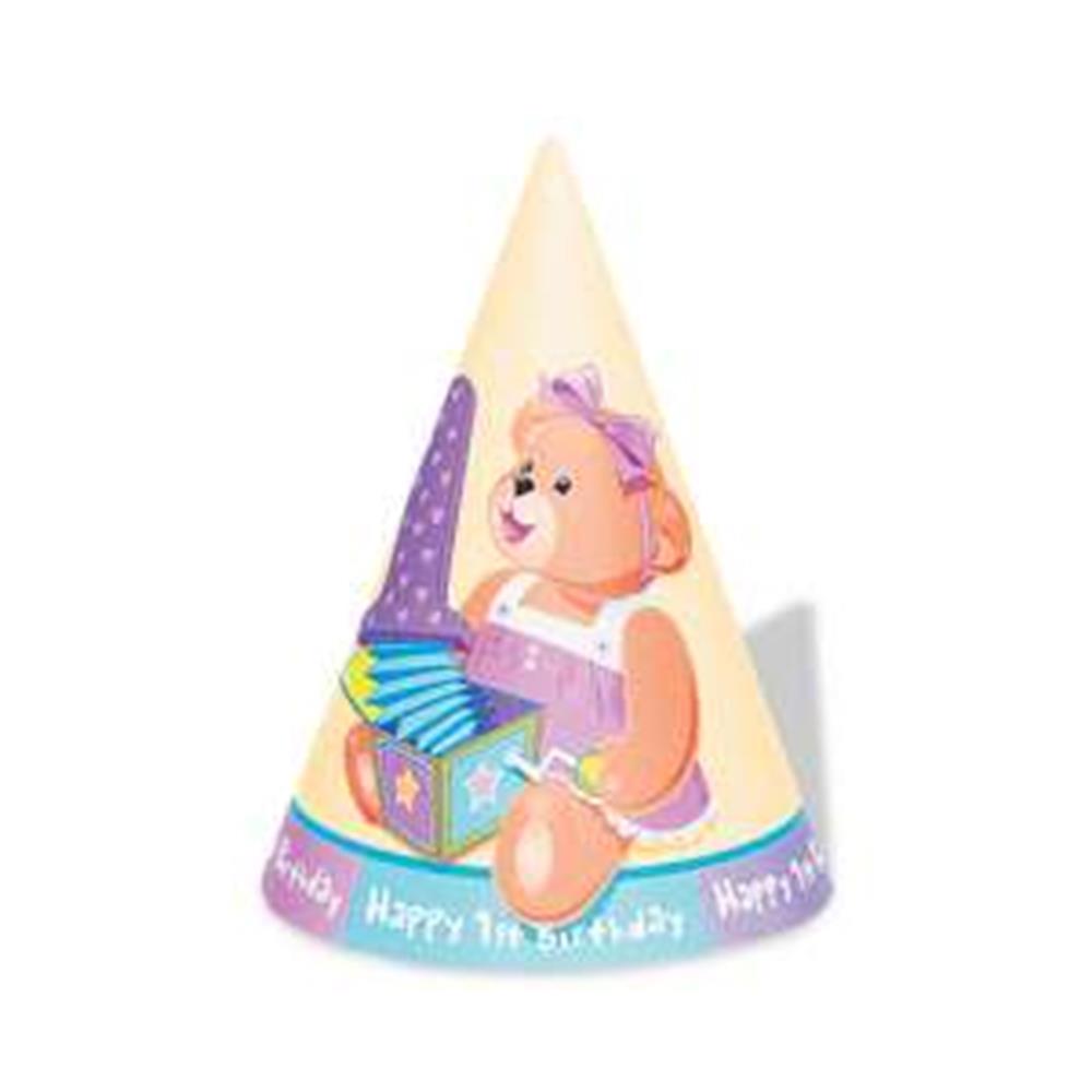 Pastel cone party hat featuring a teddy bear with a purple bow and gifts, "Happy 1st Birthday" text on a blue band.