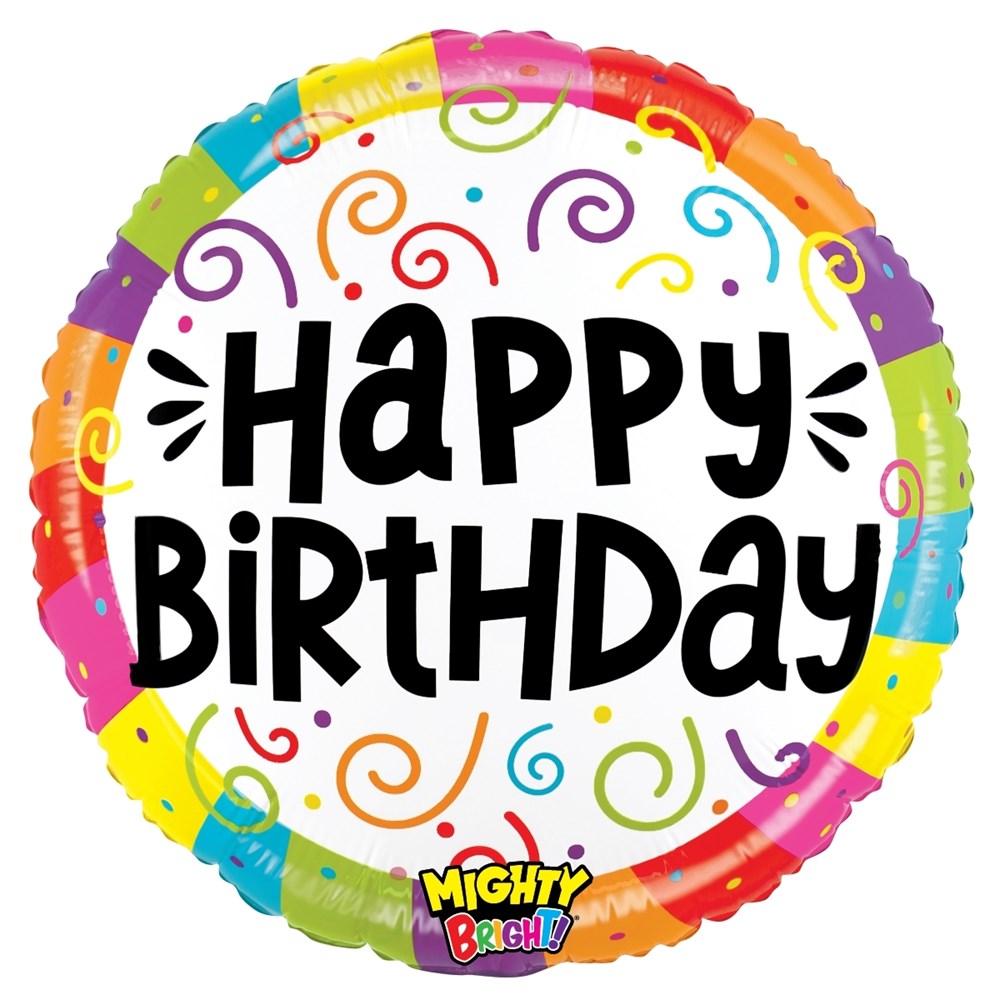 Round 21-inch foil balloon with colorful swirl border and bold black "Happy Birthday" text on white background.