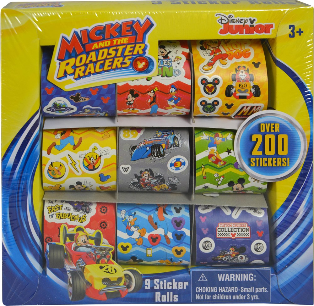 Colorful Mickey and the Roadster Racers themed sticker set with multiple sheets and cartoon designs.