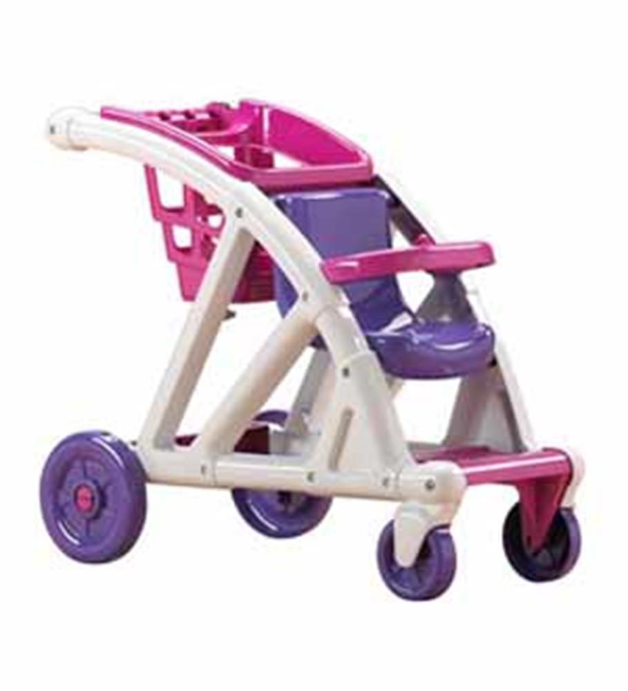Pink and purple toy stroller with white frame and four wheels designed for pretend shopping play.