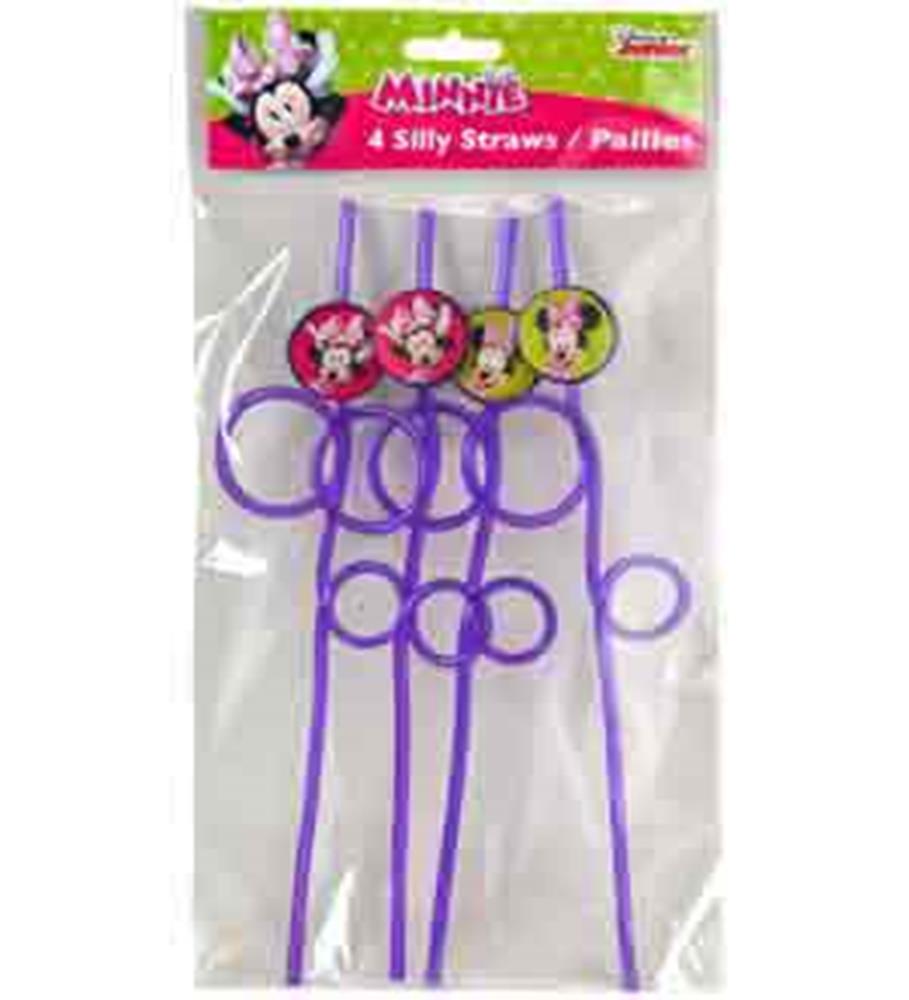 Set of four purple twisted plastic straws each topped with a round Minnie Mouse and Daisy Duck character badge.