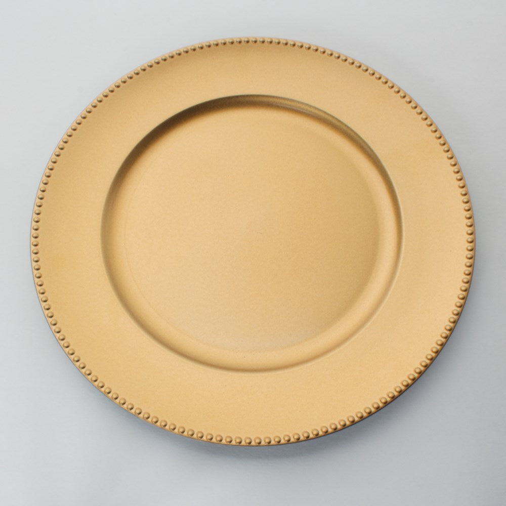 Round 13-inch gold plastic charger plate with beaded textured rim and smooth center.