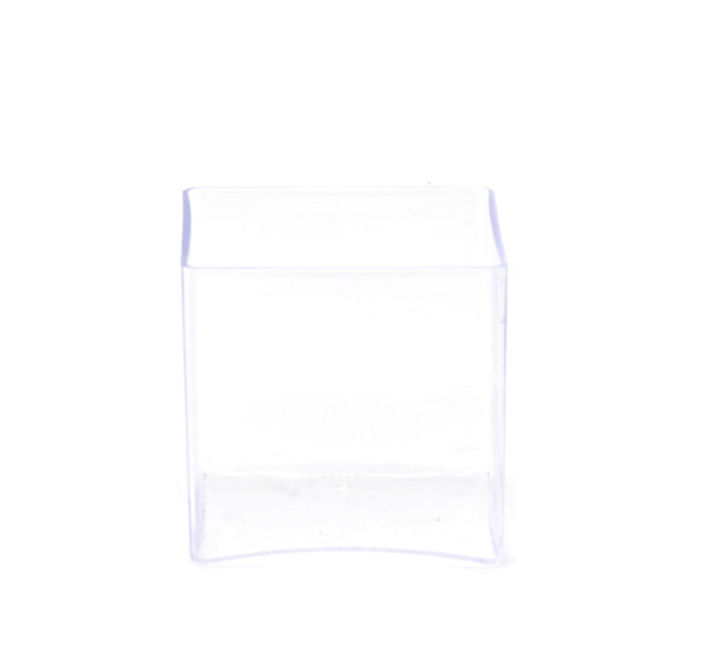 Clear square plastic container with 5-inch sides and smooth edges.