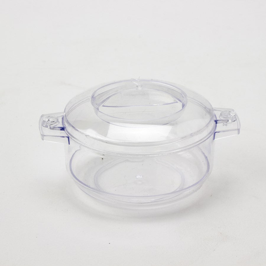 Clear plastic dessert cup with lid and side handles, round 3oz capacity.