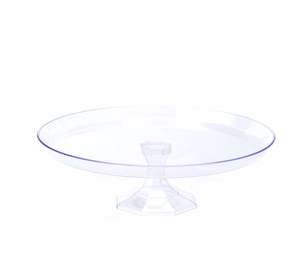 Clear plastic cake stand with 11-inch round flat top and short pedestal base.