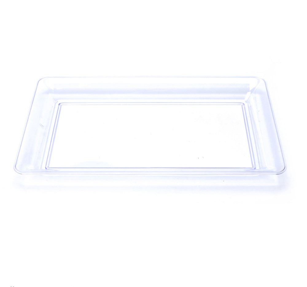 Clear rectangular plastic tray with slightly raised edges and smooth surface.