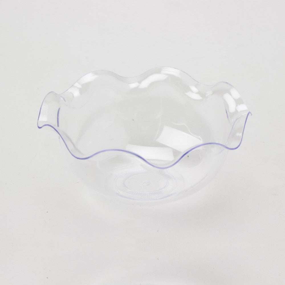 Clear plastic dessert cup with a scalloped edge, pentagonal shape, and 4oz capacity.