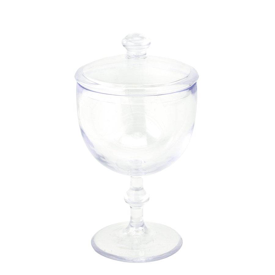 Clear plastic candy jar with a round lid and pedestal base.