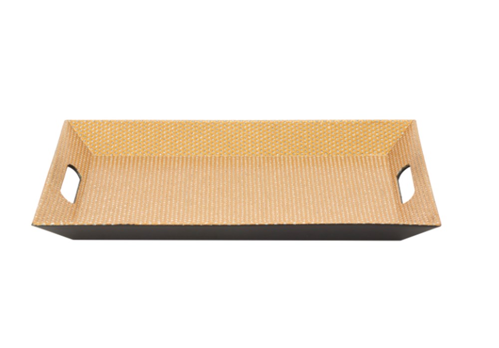 Rectangular gold plastic serving tray with beaded textured edges and cutout handles.