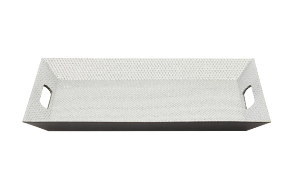 Silver rectangular plastic serving tray with beaded texture and cutout handles, 13 inches long.