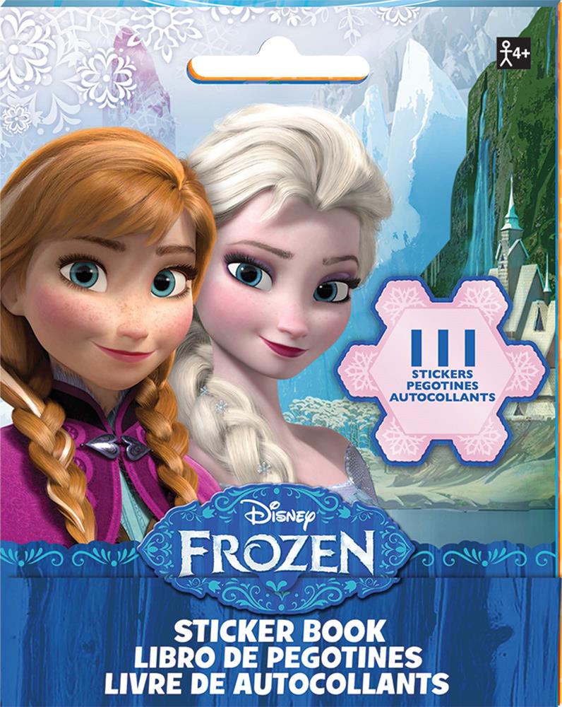 Disney Frozen sticker book featuring Anna and Elsa on a snowy mountain background.
