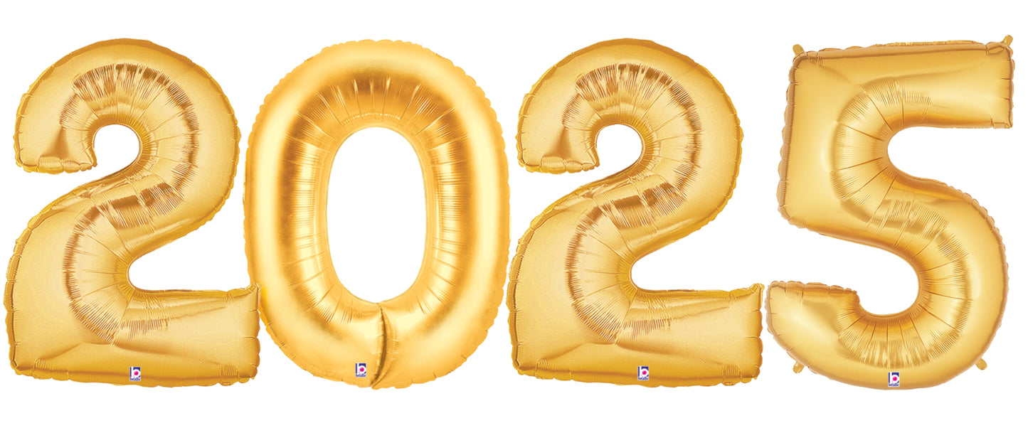 Gold foil balloons shaped as the numbers 2, 0, 2, and 5, each approximately 34 inches tall.