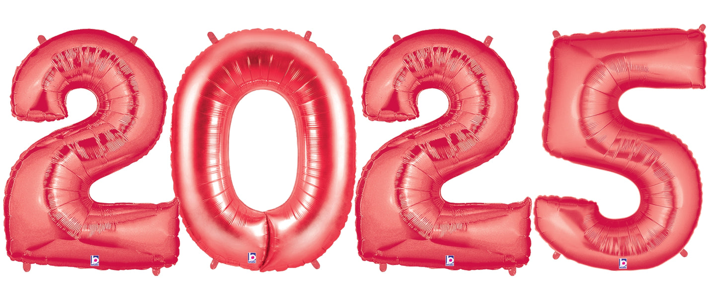 Shiny red foil balloons shaped as the numbers 2, 0, 2, and 5 in a bold, inflated design.