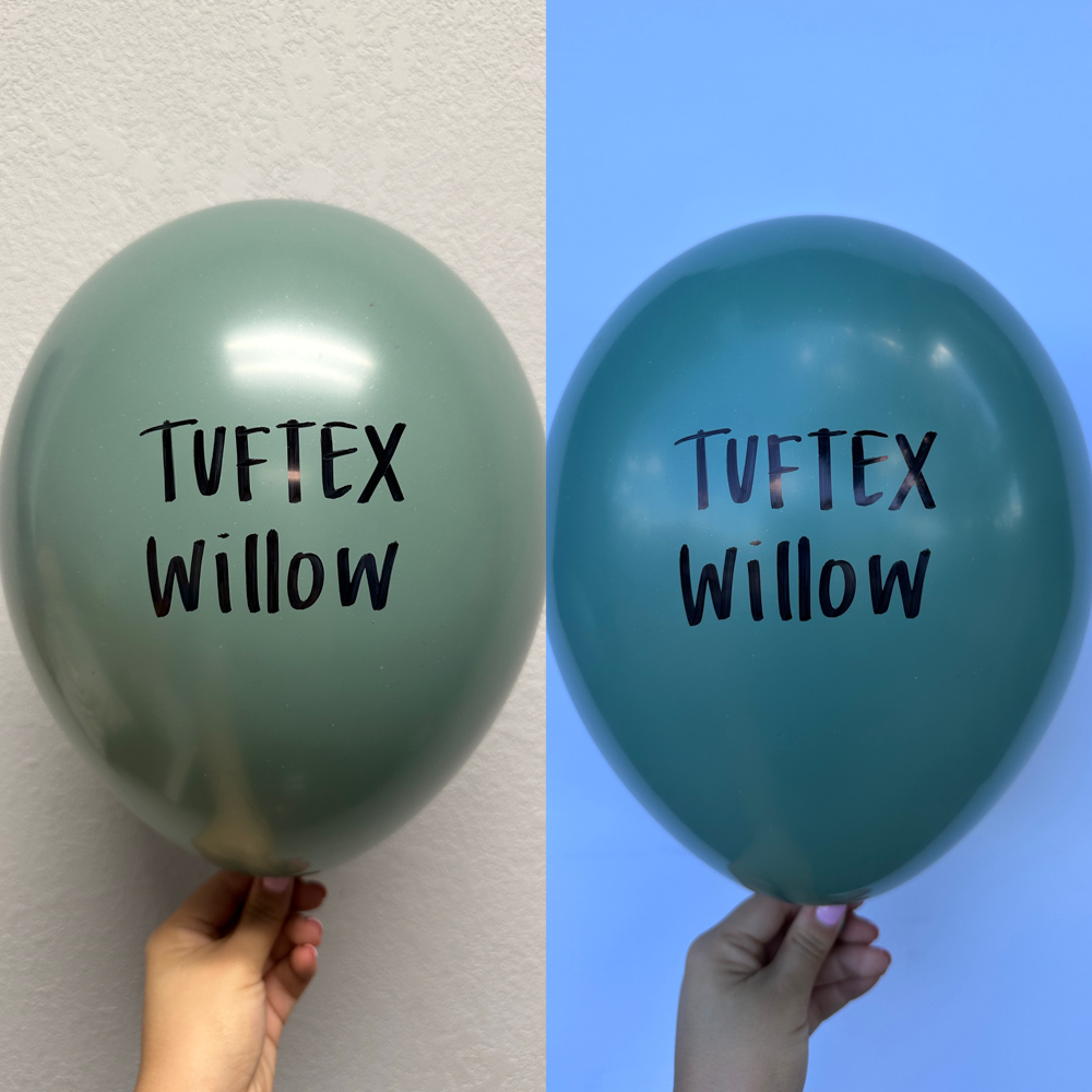 Two 5-inch latex balloons in green shades, one matte and one glossy, both printed with "Tuftex Willow" in black text.