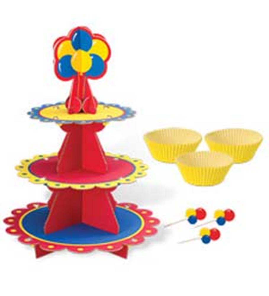 Two-tier red and yellow cupcake stand with scalloped edges, three yellow baking cups, and color-coordinated balloon cupcake.