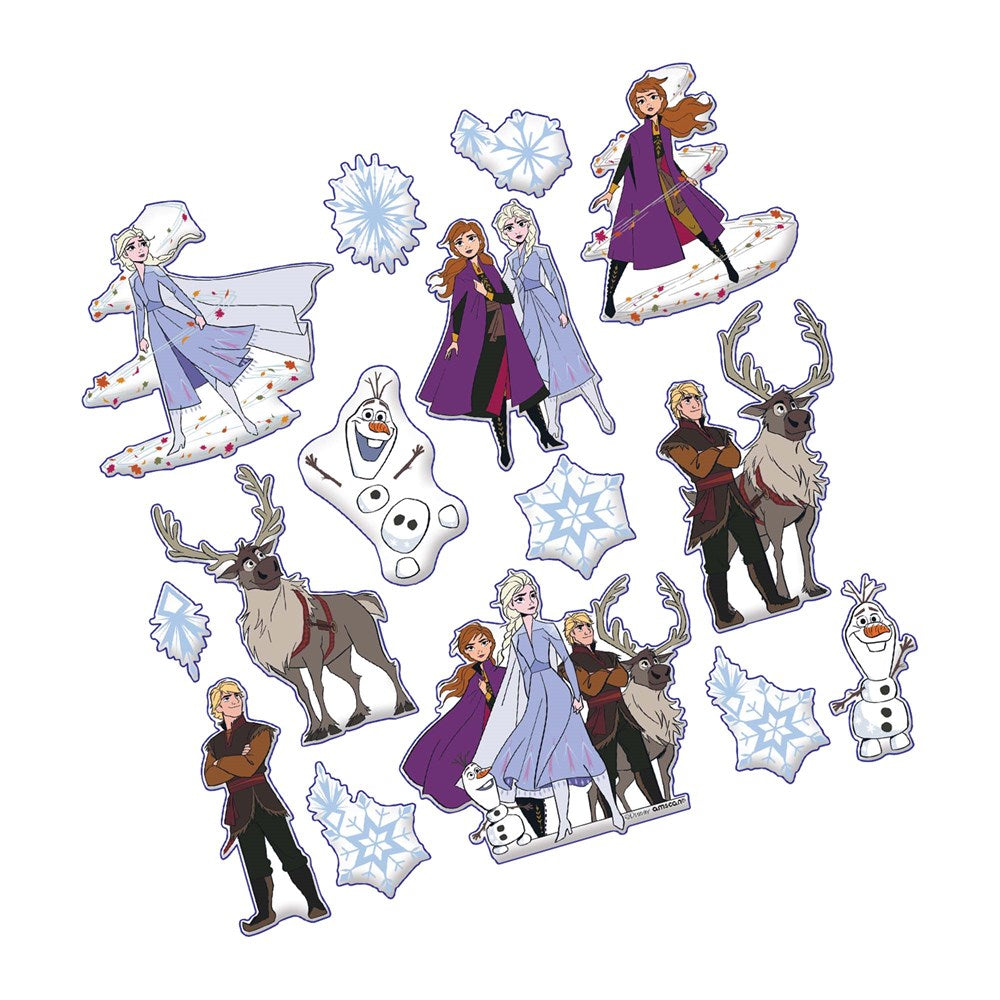 Assorted Frozen 2 puffy stickers featuring Elsa, Anna, Olaf, Kristoff, Sven, and blue snowflakes with raised, glossy texture.