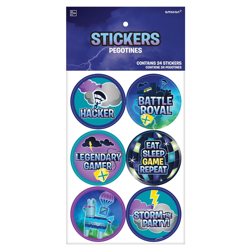 Round colorful gaming-themed stickers with phrases like Hacker, Battle Royal, Legendary Gamer, Eat Sleep Game Repeat, and.