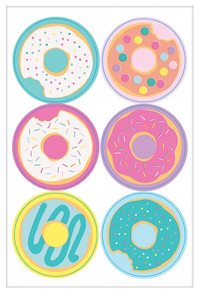 Sheet of six colorful donut stickers with sprinkles in pastel pink, blue, yellow, and white designs.