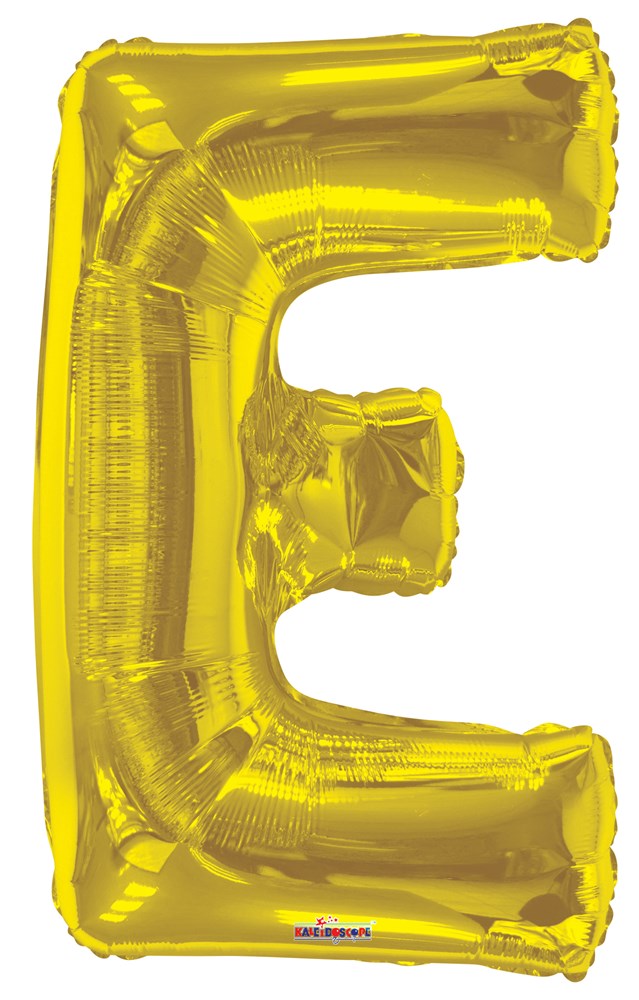 34-inch gold foil balloon shaped as the letter E with a shiny metallic finish.