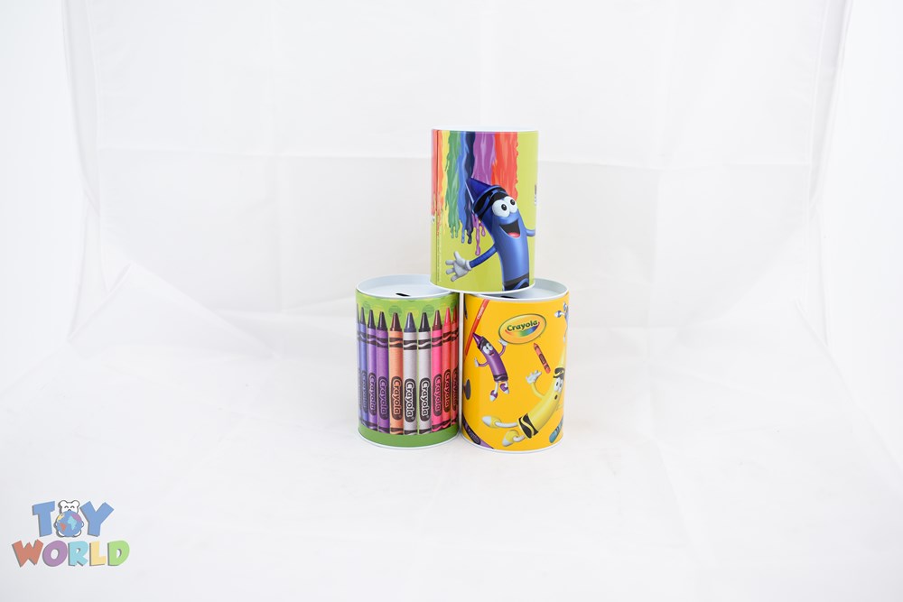 Three colorful Crayola tin saving banks featuring crayon designs and characters in blue, purple, and yellow colors.
