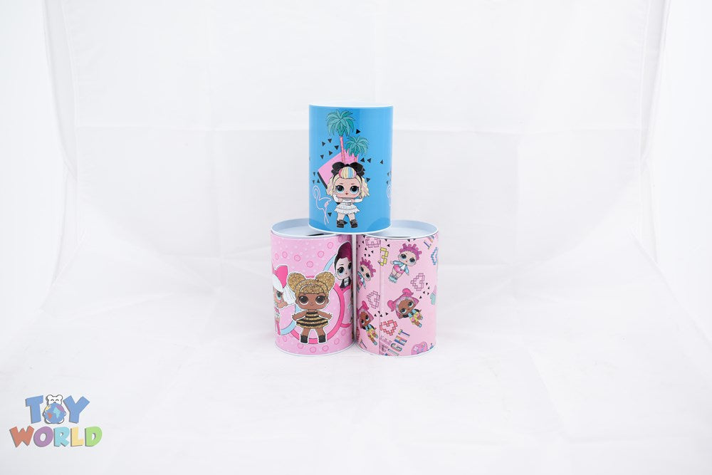 Set of three colorful LOL Surprise-themed tin saving banks featuring cartoon characters and playful patterns.