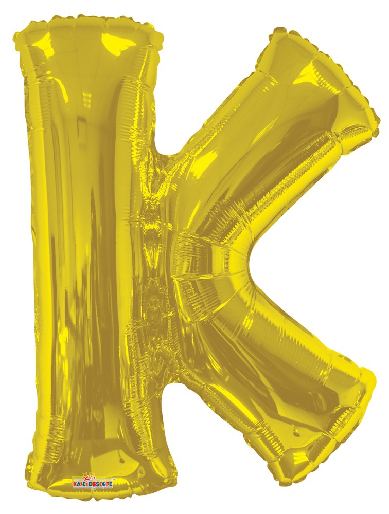 34-inch shiny gold foil balloon shaped like the letter K, inflated and glossy.