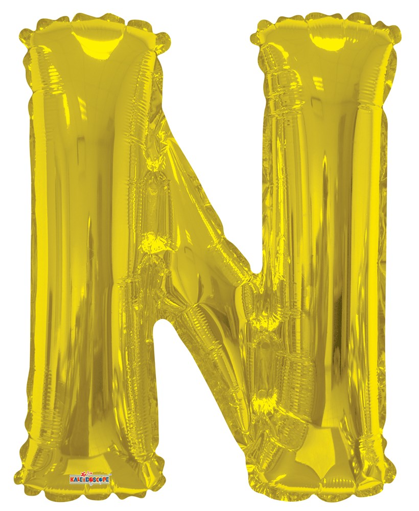 34-inch gold foil balloon shaped as the letter N with a shiny metallic finish.