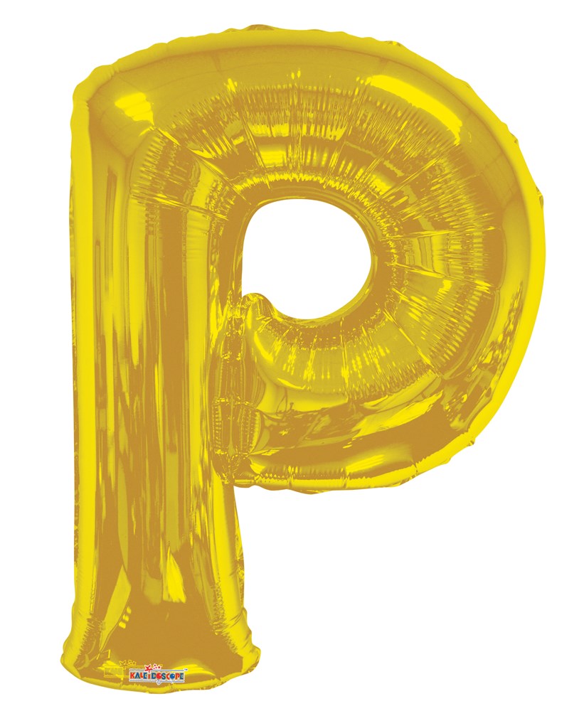 34-inch shiny gold foil balloon shaped like the letter P, inflated and reflective.