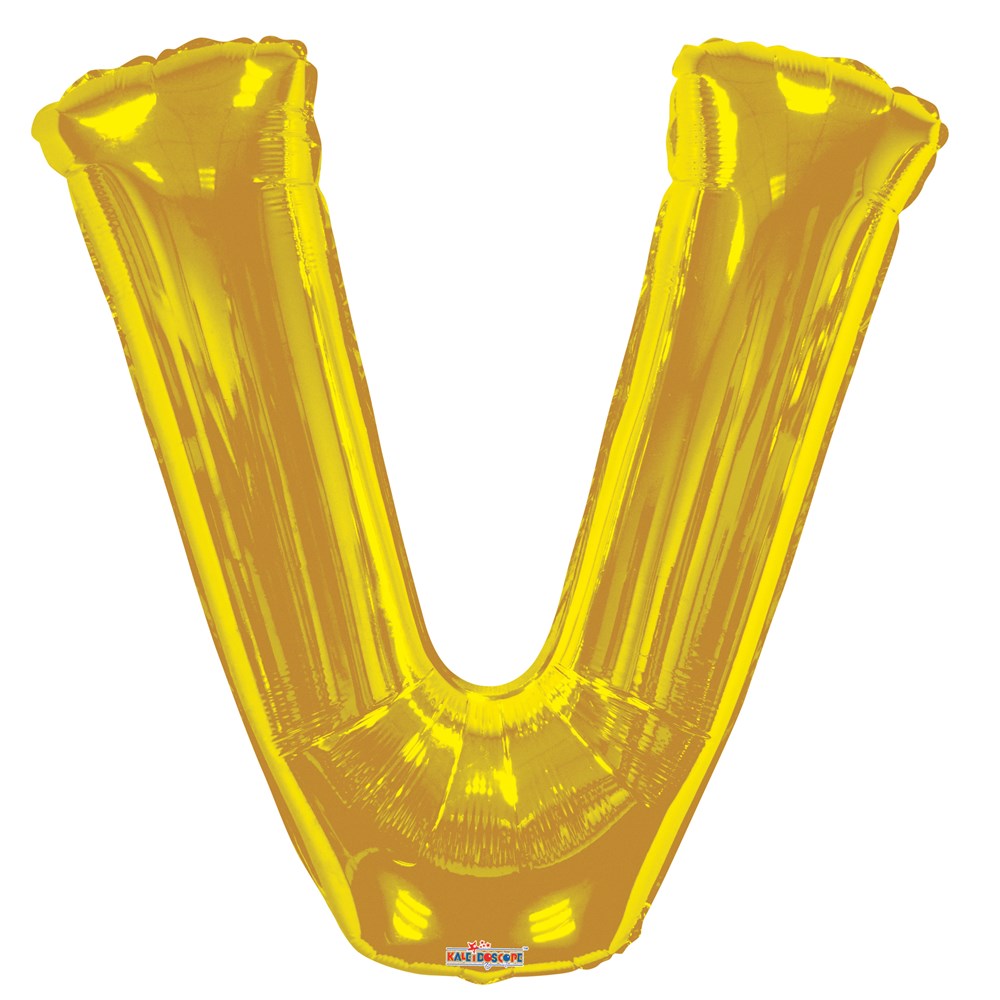 34-inch gold foil balloon shaped as the letter V with a shiny metallic finish.