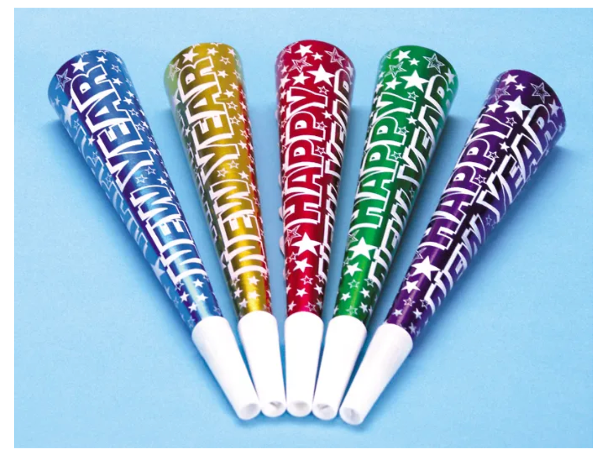 Set of five 9-inch party horns in blue, gold, red, green, and purple with "Happy New Year" text and star patterns.