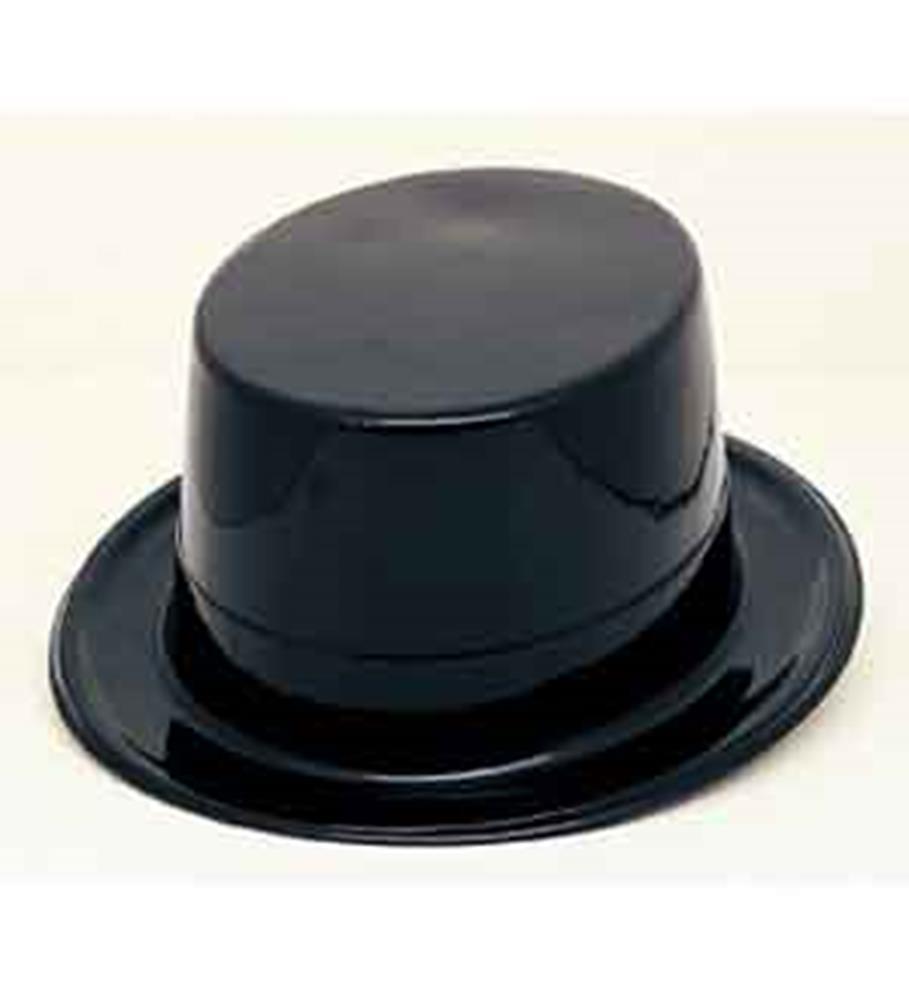 Black glossy plastic top hat with flat brim and rounded crown.