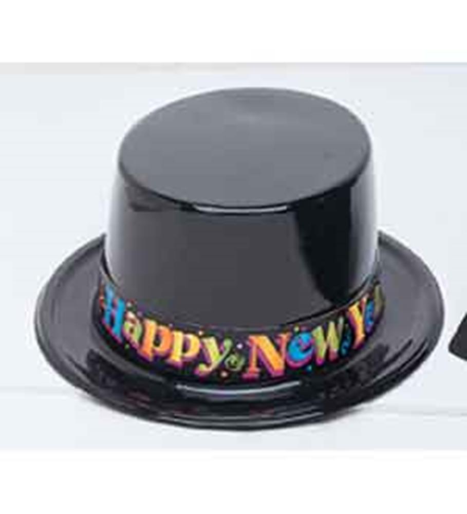 Black plastic top hat with colorful "Happy New Year" text band and confetti design.