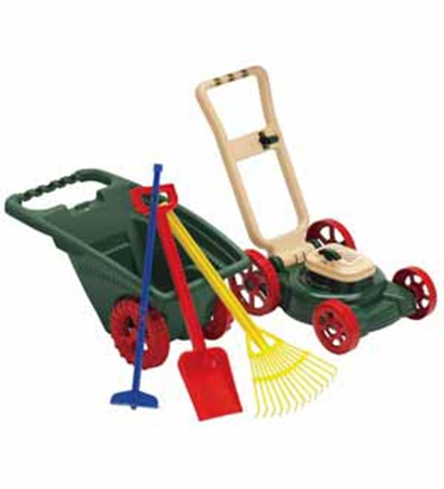 Green plastic wheelbarrow with red wheels, wooden push lawn mower toy with red wheels, blue rake, yellow rake, and red.