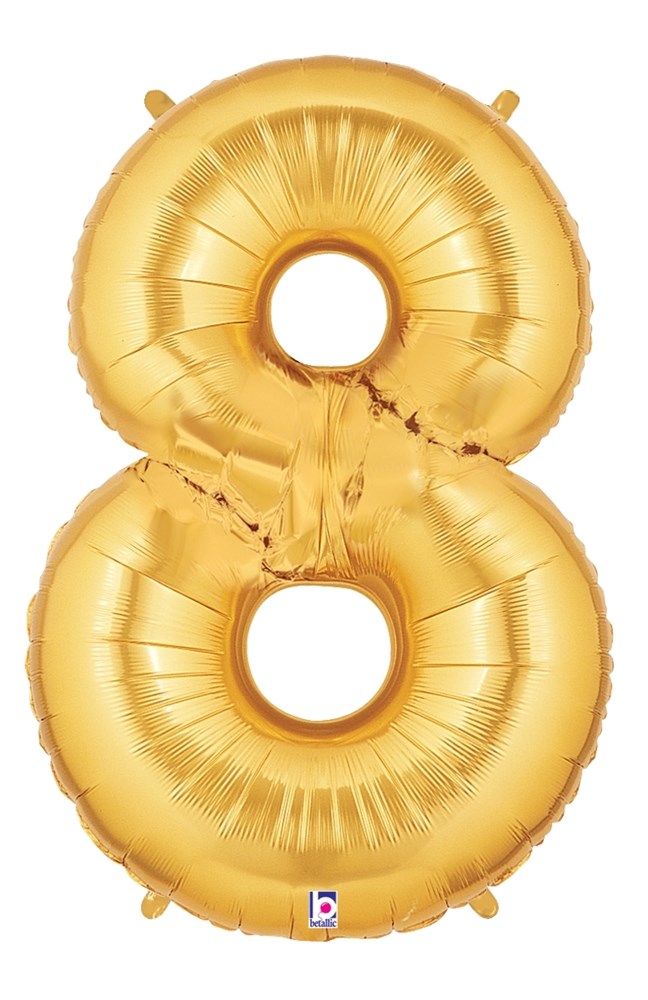 Gold foil balloon shaped as the number 8, shiny metallic finish, 34 inches tall.